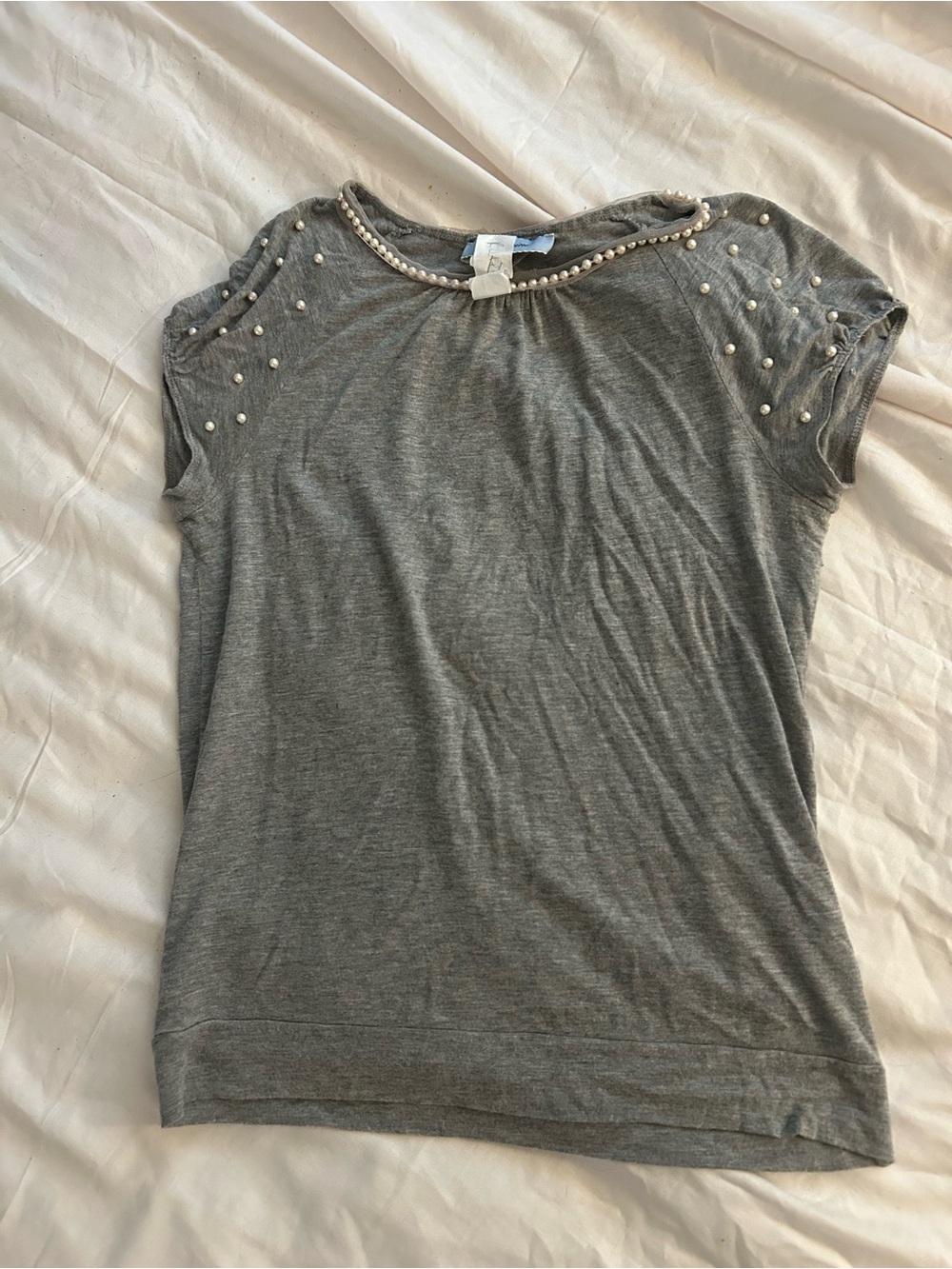 Blumarine Grey Tee with Pearl Accents